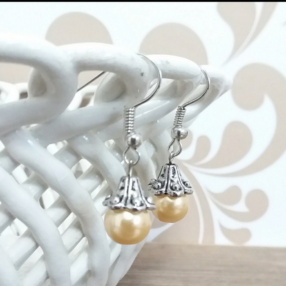 Orange Pearl Silver Tone Hook Earrings